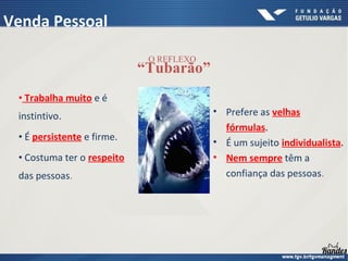 • Trabalha muito e é
instintivo.
• É persistente e firme.
• Costuma ter o respeito
das pessoas.
O REFLEXO
“Tubarão”
• Prefere as velhas
fórmulas.
• É um sujeito individualista.
• Nem sempre têm a
confiança das pessoas.
Venda Pessoal
 