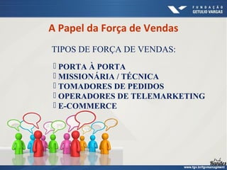 TIPOS DE FORÇA DE VENDAS:
 PORTA À PORTA
 MISSIONÁRIA / TÉCNICA
 TOMADORES DE PEDIDOS
 OPERADORES DE TELEMARKETING
 E-COMMERCE
Técnicas de Vendas
A Papel da Força de Vendas
 