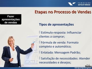 Tipos de apresentações
 Estímulo-resposta: Influenciar
clientes a comprar;
 Fórmula de venda: Formato
completo e automático;
 Enlatada: Mensagem Padrão;
 Satisfação de necessidades: Atender
necessidades e desejos;
Etapas no Processo de VendasEtapas no Processo de Vendas
 