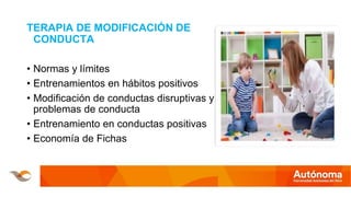 TERAPIA DE MODIFICACIÓN DE
CONDUCTA
• Normas y límites
• Entrenamientos en hábitos positivos
• Modificación de conductas disruptivas y
problemas de conducta
• Entrenamiento en conductas positivas
• Economía de Fichas
 