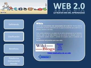 Definiendo      Wikis
                La wiki es la herramienta más representativa de la web 2.0. Permite elaborar
                conocimiento de forma colaborativa por un grupo de personas que puede ser, en
                principio, anónimo y sin límite.

                Cada cambio realizado en una página de una wiki es almacenado en un historial y,
                además, cada una de ellas dispone de una sección de discusión donde los
Clasificación   colaboradores pueden discutir y ponerse de acuerdo sobre el contenido del
                artículo.
                Herramientas web gratuitas para crear wikis

                                                   Wikispaces
                                                     Wikia
                                                    WikiOle
 Beneficios                                         WetPaint

                                   Video explicativo de un wiki

                        Anterior
 Plataforma
Instruccional
   Moodle
 