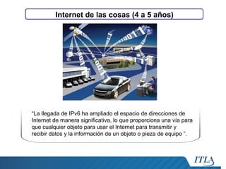 Internet de las cosas (4 a 5 años)

“La llegada de IPv6 ha ampliado el espacio de direcciones de
Internet de manera significativa, lo que proporciona una vía para
que cualquier objeto para usar el Internet para transmitir y
recibir datos y la información de un objeto o pieza de equipo ”.

 