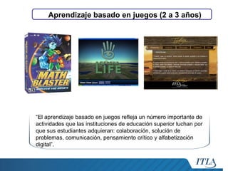 Aprendizaje basado en juegos (2 a 3 años)

“El aprendizaje basado en juegos refleja un número importante de
actividades que las instituciones de educación superior luchan por
que sus estudiantes adquieran: colaboración, solución de
problemas, comunicación, pensamiento crítico y alfabetización
digital”.

 