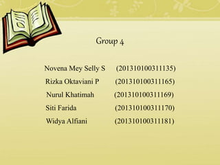 Group 4
Novena Mey Selly S (201310100311135)
Rizka Oktaviani P (201310100311165)
Nurul Khatimah (201310100311169)
Siti Farida (201310100311170)
Widya Alfiani (201310100311181)
 