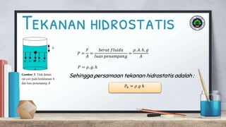 Tekanan hidrostatis
Sehingga persamaan tekanan hidrostatis adalah :Gambar 3. Titik dalam
zat cair pada kedalaman ℎ
dan luas penampang 𝐴
𝑃 =
𝐹
𝐴
=
𝑏𝑒𝑟𝑎𝑡 𝑓𝑙𝑢𝑖𝑑𝑎
𝑙𝑢𝑎𝑠 𝑝𝑒𝑛𝑎𝑚𝑝𝑎𝑛𝑔
=
𝜌. 𝐴. ℎ. 𝑔
𝐴
𝑃 = 𝜌. 𝑔. ℎ
𝑃ℎ = 𝜌 𝑔 ℎ
 