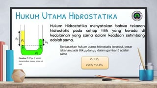 Hukum Utama Hidrostatika
Gambar 5. Pipa 𝑈 untuk
menentukan massa jenis zat
cair
Hukum Hidrostatika menyatakan bahwa tekanan
hidrostatis pada setiap titik yang berada di
kedalaman yang sama dalam keadaan setimbang
adalah sama.
Berdasarkan hukum utama hidrostatis tersebut, besar
tekanan pada titik 𝜌1dan 𝜌2 dalam gambar 5 adalah
sama.
𝑃1 = 𝑃2
𝜌 𝑔 ℎ1 = 𝜌 𝑔ℎ2
 