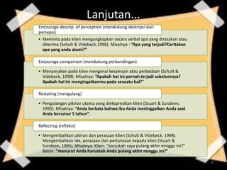 Lanjutan...
• Meminta pada klien mengungkapkan secara verbal apa yang dirasakan atau
diterima (Schult & Videbeck,1998). Misalnya : “Apa yang terjadi?Ceritakan
apa yang anda alami?”
Encourage descrip. of perception (mendukung deskripsi dari
persepsi)
• Menanyakan pada klien mengenai kesamaan atau perbedaan (Schult &
Videbeck, 1998). Misalnya: “Apakah hai ini pernah terjadi sebelumnya?
Apakah hal ini mengingatkanmu pada sesuatu hal?”
Encourage comparison (mendukung perbandingan)
• Pengulangan pikiran utama yang diekspresikan klien (Stuart & Sundeen,
1995). Misalnya: “Anda berkata bahwa ibu Anda meninggalkan Anda saat
Anda berumur 5 tahun”.
Restating (mengulang)
• Mengembalikan pikiran dan perasaan klien (Schult & Videbeck, 1998).
Mengembalikan ide, perasaan dan pertanyaan kepada klien (Stuart &
Sundeen, 1995). Misalnya: Klien: “haruskah saya pulang akhir minggu ini?”
Bidan: “menurut Anda haruskah Anda pulang akhir minggu ini?”
Reflecting (refleksi)
5
 