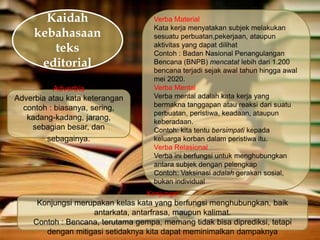 Kaidah
kebahasaan
teks
editorial
2.Majas
Adverbia
Adverbia atau kata keterangan
contoh : biasanya, sering,
kadang-kadang, jarang,
sebagian besar, dan
sebagainya.
Verba Material
Kata kerja menyatakan subjek melakukan
sesuatu perbuatan,pekerjaan, ataupun
aktivitas yang dapat dilihat
Contoh : Badan Nasional Penangulangan
Bencana (BNPB) mencatat lebih dari 1.200
bencana terjadi sejak awal tahun hingga awal
mei 2020.
Verba Mental
Verba mental adalah kata kerja yang
bermakna tanggapan atau reaksi dari suatu
perbuatan, peristiwa, keadaan, ataupun
keberadaan.
Contoh: kita tentu bersimpati kepada
keluarga korban dalam peristiwa itu.
Verba Relasional
Verba ini berfungsi untuk menghubungkan
antara subjek dengan pelengkap
Contoh: Vaksinasi adalah gerakan sosial,
bukan individual
Konjungsi
Konjungsi merupakan kelas kata yang berfungsi menghubungkan, baik
antarkata, antarfrasa, maupun kalimat.
Contoh : Bencana, terutama gempa, memang tidak bisa diprediksi, tetapi
dengan mitigasi setidaknya kita dapat meminimalkan dampaknya
 