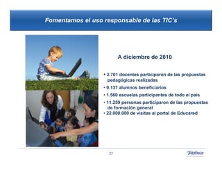 Fomentamos el uso responsable de las TIC’s




                         A diciembre de 2010


                  • 2.701 docentes participaron de las propuestas
                                      42
                   pedagógicas realizadas
                                      42
                  • 9.137 alumnos beneficiarios
                  • 1.560 escuelas participantes de todo el país
                  • 11.259 personas participaron de las propuestas
                    de formación general
                  • 22.000.000 de visitas al portal de Educared




                    22
 