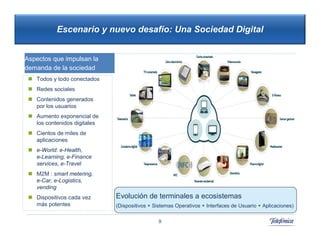 Escenario y nuevo desafío: Una Sociedad Digital


Aspectos que impulsan la
demanda de la sociedad
  Todos y todo conectados
  Redes sociales
  Contenidos generados
   por los usuarios
  Aumento exponencial de
   los contenidos digitales
  Cientos de miles de
   aplicaciones
  e-World: e-Health,
   e-Learning, e-Finance
   services, e-Travel
  M2M : smart metering,
   e-Car, e-Logistics,
   vending
  Dispositivos cada vez      Evolución de terminales a ecosistemas
   más potentes               (Dispositivos + Sistemas Operativos + Interfaces de Usuario + Aplicaciones)

                                                9
 
