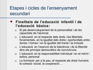 Etapes i cicles de l’ensenyament
secundari
   Finalitats de l’educació infantil i de
    l’educació bàsica:
    a)   El ple desenvolupament de la personalitat i de les
         capacitats de l’alumnat
    b)   L’educació en el respecte dels drets i les llibertats
         fonamentals, en la igualtat dels drets i oportunitats entre
         dones i homes i en la igualtat del tracte i la inclusió
    c)   L’educació en l’exercici de la tolerància i de la llibertat
         dins els principis democràtics de convivè ncia
    d)   L’educació en la responsabilitat individual i en el mè rit i
         esforç personal
    e)   La formació per a la pau, el respecte als drets humans,
         la cohesió social, la cooperació …
 