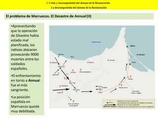 1. Crisis y descomposición del sistema de la Restauración
La descomposición del sistema de la Restauración
El problema de Marruecos. El Desastre de Annual(II)
•Aprovechando
que la operación
de Silvestre había
estado mal
planificada, los
nativos atacaron
provocando 9000
muertes entre los
soldados
españoles.
•El enfrentamiento
en torno a Annual
fue el más
sangriento.
•La posición
española en
Marruecos quedó
muy debilitada.
 