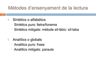Mètodes d’ensenyament de la lectura
10

1. Sintètics o alfabètics



Sintètics purs: lletra/fonema
Sintètics mitigats: mètode sil·làbic: síl·laba

1. Analítics o globals
 Analítics purs: frase
 Analítics mitigats: paraula

 