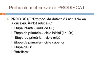 Protocols d’observació PRODISCAT
53



PRODISCAT “Protocol de detecció i actuació en
la dislèxia. Àmbit educatiu”
 Etapa infantil (finals de P5)
 Etapa de primària – cicle inicial (1r i 2n)
 Etapa de primària – cicle mitjà
 Etapa de primària – cicle superior
 Etapa d’ESO
 Batxillerat

 