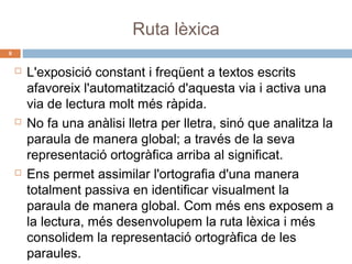 Ruta lèxica
8







L'exposició constant i freqüent a textos escrits
afavoreix l'automatització d'aquesta via i activa una
via de lectura molt més ràpida.
No fa una anàlisi lletra per lletra, sinó que analitza la
paraula de manera global; a través de la seva
representació ortogràfica arriba al significat.
Ens permet assimilar l'ortografia d'una manera
totalment passiva en identificar visualment la
paraula de manera global. Com més ens exposem a
la lectura, més desenvolupem la ruta lèxica i més
consolidem la representació ortogràfica de les
paraules.

 