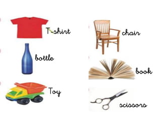 T-shirt
bottle
Toy
chair
book
scissors
 
