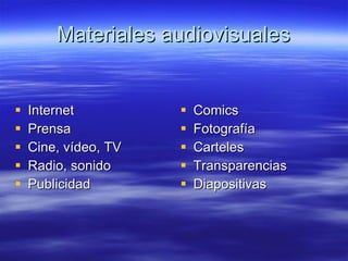 Materiales audiovisuales Internet Prensa Cine, vídeo, TV Radio, sonido Publicidad Comics Fotografía Carteles Transparencias Diapositivas 