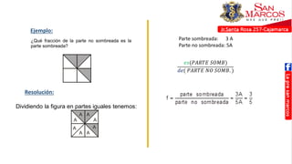 Ejemplo:
¿Qué fracción de la parte no sombreada es la
parte sombreada?
Dividiendo la figura en partes iguales tenemos:
A A
A A
A
A
A
A
Parte sombreada: 3 A
Parte no sombreada: 5A
𝑒𝑠(𝑃𝐴𝑅𝑇𝐸 𝑆𝑂𝑀𝐵)
𝑑𝑒( 𝑃𝐴𝑅𝑇𝐸 𝑁𝑂 𝑆𝑂𝑀𝐵. )
Resolución:
 