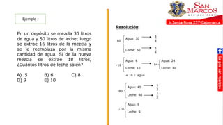 Ejemplo :
1. En un depósito se mezcla 30 litros
de agua y 50 litros de leche; luego
se extrae 16 litros de la mezcla y
se le reemplaza por la misma
cantidad de agua. Si de la nueva
mezcla se extrae 18 litros,
¿Cuántos litros de leche salen?
A) 5 B) 6 C) 8
D) 9 E) 10
RESOLUCIÓN
Agua: 30
3
8
Leche: 50
5
8
Agua: 6 Agua: 24
64
Leche: 10 Leche: 40
+ 16 agua
Agua: 40
1
2
Leche: 40
1
2
Agua: 9
Leche: 9
80
-16
80
-18
Resolución:
RESOLUCIÓN
Agua: 30
3
8
Leche: 50
5
8
Agua: 6 Agua: 24
64
Leche: 10 Leche: 40
+ 16 agua
Agua: 40
1
2
Leche: 40
1
2
Agua: 9
Leche: 9
80
-16
80
-18
RESOLUCIÓN
Agua: 30
3
8
Leche: 50
5
8
Agua: 6 Agua: 24
64
Leche: 10 Leche: 40
+ 16 agua
Agua: 40
1
2
Leche: 40
1
2
Agua: 9
Leche: 9
80
-16
80
-18
 