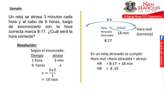 Un reloj se atrasa 3 minutos cada
hora y al cabo de 6 horas, luego
de sincronizarlo con la hora
correcta marca 8:17. ¿Cuál será la
hora correcta?
Ejemplo:
Resolución:
Según el enunciado:
Tiempo atraso
1 hora 3 min
6 horas x
𝑥 =
6𝑥3
1
= 18 min
Hora real
(correcta)
Hora
Atrasada
(marcada)
6 h
18 min
ATRASO
8:17
En un reloj atrasado se cumple:
Hora real =Hora atrasada + atraso
HR = 8:17 + 18 min
HR = 8 :35
 