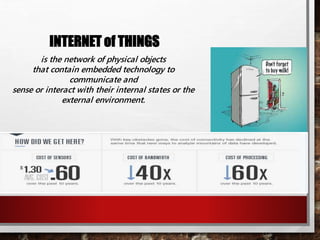 INTERNET of THINGS
is the network of physical objects
that contain embedded technology to
communicate and
sense or interact with their internal states or the
external environment.
 