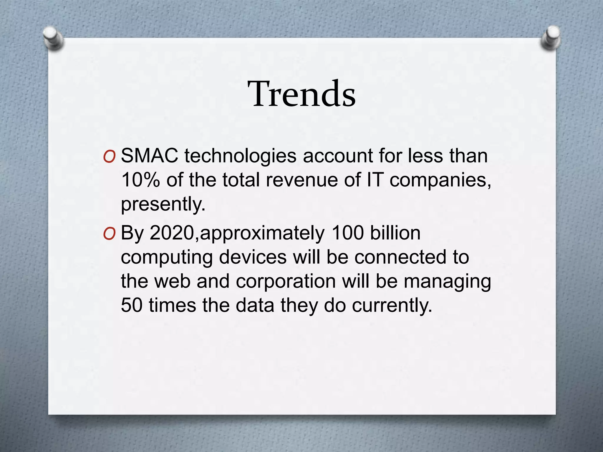 Trends
O SMAC technologies account for less than
10% of the total revenue of IT companies,
presently.
O By 2020,approximately 100 billion
computing devices will be connected to
the web and corporation will be managing
50 times the data they do currently.
 
