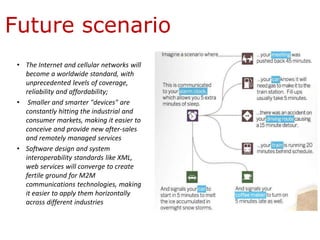 Future scenario
• The Internet and cellular networks will
become a worldwide standard, with
unprecedented levels of coverage,
reliability and affordability;
• Smaller and smarter "devices" are
constantly hitting the industrial and
consumer markets, making it easier to
conceive and provide new after-sales
and remotely managed services
• Software design and system
interoperability standards like XML,
web services will converge to create
fertile ground for M2M
communications technologies, making
it easier to apply them horizontally
across different industries
 