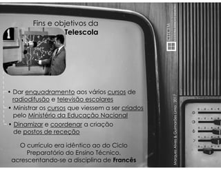 MarquesAlves&GuimarãesLima,2017
Fins e objetivos da
Telescola
• Dinamizar e coordenar a criação
de postos de receção
• Dar enquadramento aos vários cursos de
radiodifusão e televisão escolares
• Ministrar os cursos que viessem a ser criados
pelo Ministério da Educação Nacional
O currículo era idêntico ao do Ciclo
Preparatório do Ensino Técnico,
acrescentando-se a disciplina de Francês
 