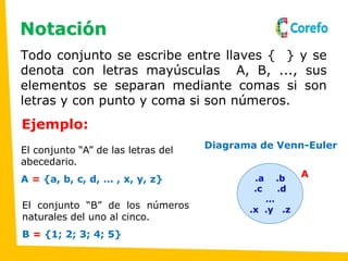 Notación
Todo conjunto se escribe entre llaves { } y se
denota con letras mayúsculas A, B, ..., sus
elementos se separan mediante comas si son
letras y con punto y coma si son números.
Ejemplo:
El conjunto “A” de las letras del
abecedario.
A = {a, b, c, d, … , x, y, z}
Diagrama de Venn-Euler
.a .b
.c .d
…
.x .y .z
A
El conjunto “B” de los números
naturales del uno al cinco.
B = {1; 2; 3; 4; 5}
 