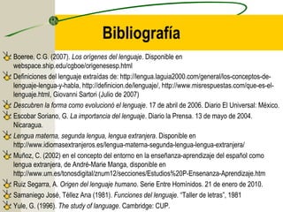 Bibliografía
Boeree, C.G. (2007). Los orígenes del lenguaje. Disponible en
webspace.ship.edu/cgboe/origenesesp.html
Definiciones del lenguaje extraídas de: http://lengua.laguia2000.com/general/los-conceptos-delenguaje-lengua-y-habla, http://definicion.de/lenguaje/, http://www.misrespuestas.com/que-es-ellenguaje.html, Giovanni Sartori (Julio de 2007)
Descubren la forma como evolucionó el lenguaje. 17 de abril de 2006. Diario El Universal: México.
Escobar Soriano, G. La importancia del lenguaje. Diario la Prensa. 13 de mayo de 2004.
Nicaragua.
Lengua materna, segunda lengua, lengua extranjera. Disponible en
http://www.idiomasextranjeros.es/lengua-materna-segunda-lengua-lengua-extranjera/
Muñoz, C. (2002) en el concepto del entorno en la enseñanza-aprendizaje del español como
lengua extranjera, de André-Marie Manga, disponible en
http://www.um.es/tonosdigital/znum12/secciones/Estudios%20P-Ensenanza-Aprendizaje.htm
Ruiz Segarra, A. Origen del lenguaje humano. Serie Entre Homínidos. 21 de enero de 2010.
Samaniego José, Téllez Ana (1981). Funciones del lenguaje. “Taller de letras”, 1981
Yule, G. (1996). The study of language. Cambridge: CUP.

 
