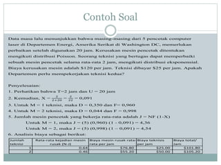 Contoh Soal
Data masa lalu menunjukkan bahwa masing-masing dari 5 pencetak computer
laser di Departemen Energi, Amerika Serikat di Washington DC, memerlukan
perbaikan setelah digunakan 20 jam. Kerusakan mesin pencetak ditentukan
mengikuti distribusi Poisson. Seorang teknisi yang bertugas dapat memperbaiki
sebuah mesin pencetak selama rata-rata 2 jam, mengikuti distribusi eksponensial.
Biaya kerusakan mesin adalah $120 per jam. Teknisi dibayar $25 per jam. Apakah
Departemen perlu mempekerjakan teknisi kedua?
Penyelesaian:
1. Perhatikan bahwa T=2 jam dan U = 20 jam
2. Kemudian, X =
2
2+20
=
2
22
= 0,091
3. Untuk M = 1 teknisi, maka D = 0,350 dan F= 0,960
4. Untuk M = 2 teknisi, maka D = 0,044 dan F = 0,998
5. Jumlah mesin pencetak yang bekerja rata-rata adalah J = NF (1-X)
Untuk M = 1, maka J = (5) (0,960) (1 - 0,091) = 4,36
Untuk M = 2, maka J = (5) (0,998) (1 – 0,091) = 4,54
6. Analisis biaya sebagai berikut:
Jumlah
teknisi
Rata-rata kejadian mesin
rusak (N-J)
Biaya mesin rusak rata-
rata per jam
Biaya teknisis
per jam
Biaya total/
Jam
1 0.64 $76.80 $25.00 $101.80
2 0.46 $55.20 $50.00 $105.20
 