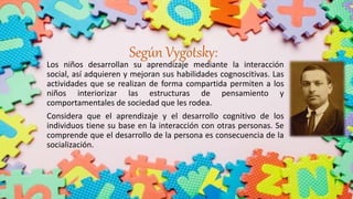 Según Vygotsky:
Los niños desarrollan su aprendizaje mediante la interacción
social, así adquieren y mejoran sus habilidades cognoscitivas. Las
actividades que se realizan de forma compartida permiten a los
niños interiorizar las estructuras de pensamiento y
comportamentales de sociedad que les rodea.
Considera que el aprendizaje y el desarrollo cognitivo de los
individuos tiene su base en la interacción con otras personas. Se
comprende que el desarrollo de la persona es consecuencia de la
socialización.
 