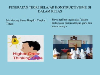 PENERAPAN TEORI BELAJAR KONSTRUKTIVISME DI
DALAM KELAS
Mendorong Siswa Berpikir Tingkat
Tinggi
Siswa terlibat secara aktif dalam
dialog atau diskusi dengan guru dan
siswa lainnya
 