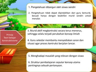 Prinsip
Teori belajar
konstruktivisme
1. Pengetahuan dibangun oleh siswa sendiri
2. Pengetahuan tidak dapat dipindahkan dari guru kemurid,
kecuali hanya dengan keaktifan murid sendiri untuk
menalar.
3. Murid aktif megkontruksi secara terus menerus,
sehingga selalu terjadi perubahan konsep ilmiah
4. Guru sekedar membantu menyediakan saran dan
situasi agar proses kontruksi berjalan lancar.
5. Menghadapi masalah yang relevan dengan siswa
6. Struktur pembalajaran seputar konsep utama
pentingnya sebuah pertanyaan.
 