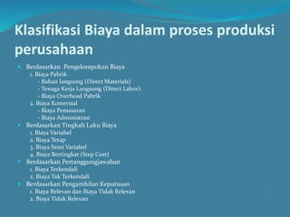 Klasifikasi Biaya dalam proses produksi
perusahaan
 Berdasarkan Pengelompokan Biaya
1. Biaya Pabrik
- Bahan langsung (Direct Materials)
- Tenaga Kerja Langsung (Direct Labor).
- Biaya Overhead Pabrik
2. Biaya Komersial
- Biaya Pemasaran
- Biaya Administrasi
 Berdasarkan Tingkah Laku Biaya
1. Biaya Variabel
2. Biaya Tetap
3. Biaya Semi Variabel
4. Biaya Bertingkat (Step Cost)
 Berdasarkan Pertanggungjawaban
1. Biaya Terkendali
2. Biaya Tak Terkendali
 Berdasarkan Pengambilan Keputusan
1. Biaya Relevan dan Biaya Tidak Relevan
2. Biaya Tidak Relevan
 