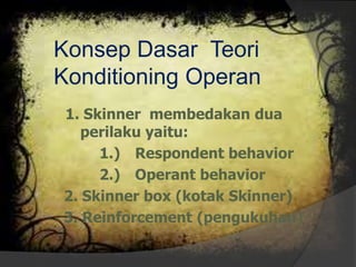 Konsep Dasar Teori
Konditioning Operan
1. Skinner membedakan dua
   perilaku yaitu:
     1.) Respondent behavior
     2.) Operant behavior
2. Skinner box (kotak Skinner)
3. Reinforcement (pengukuhan)
 
