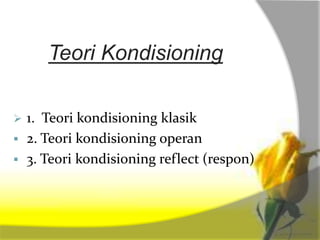 Teori Kondisioning

   1. Teori kondisioning klasik
   2. Teori kondisioning operan
   3. Teori kondisioning reflect (respon)
 