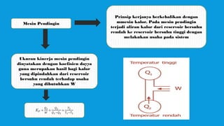 Mesin Pendingin
Prinsip kerjanya berkebalikan dengan
mmesin kalor. Pada mesin pendingin
terjadi aliran kalor dari reservoir bersuhu
rendah ke reservoir bersuhu tinggi dengan
melakukan usaha pada sistem
Ukuran kinerja mesin pendingin
dinyatakan dengan koefisien dayya
guna merupakan hasil bagi kalor
yang dipindahkan dari reservoir
bersuhu rendah terhadap usaha
yang dibutuhkan W
𝐾𝑃 =
𝑄2
𝑊
=
𝑄2
𝑄1−𝑄2
=
𝑇2
𝑇1−𝑇2
 