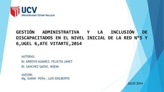 GESTIÓN ADMINISTRATIVA Y LA INCLUSIÓN DE 
DISCAPACITADOS EN EL NIVEL INICIAL DE LA RED N°5 Y 
6,UGEL 6,ATE VITARTE,2014 
AUTORAS: 
Br. ARROYO ALVAREZ, FELICITA JANET 
Br. SANCHEZ SAENZ, NOEMI 
ASESOR: 
Mg. GARAY PEÑA , LUIS EDILBERTO 
JULIO 2014 
 