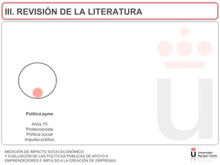 III. REVISIÓN DE LA LITERATURA




         Política pyme

            Años 70
         Proteccionista
         Política social
        Impulso público

MEDICIÓN DE IMPACTO SOCIO-ECONÓMICO
Y EVALUACIÓN DE LAS POLÍTICAS PÚBLICAS DE APOYO A
EMPRENDEDORES E IMPULSO A LA CREACIÓN DE EMPRESAS
 