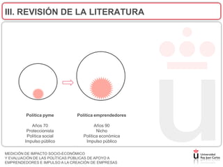 III. REVISIÓN DE LA LITERATURA




         Política pyme         Política emprendedores

            Años 70                     Años 90
         Proteccionista                  Nicho
         Política social          Política económica
        Impulso público            Impulso público

MEDICIÓN DE IMPACTO SOCIO-ECONÓMICO
Y EVALUACIÓN DE LAS POLÍTICAS PÚBLICAS DE APOYO A
EMPRENDEDORES E IMPULSO A LA CREACIÓN DE EMPRESAS
 