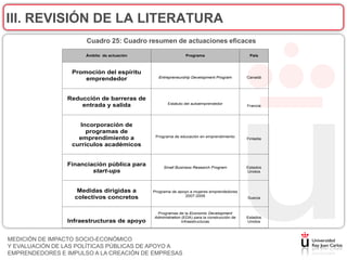 III. REVISIÓN DE LA LITERATURA
                      Cuadro 25: Cuadro resumen de actuaciones eficaces

                      Ámbito de actuación                   Programa                        País



                  Promoción del espíritu
                                              Entrepreneurship Development Program         Canadá
                      emprendedor


                Reducción de barreras de
                                                   Estatuto del autoemprendedor
                    entrada y salida                                                       Francia




                     Incorporación de
                       programas de
                                             Programa de educación en emprendimiento
                    emprendimiento a                                                       Finladia
                  currículos académicos


                Financiación pública para        Small Business Research Program           Estados
                        start-ups                                                          Unidos




                   Medidas dirigidas a      Programa de apoyo a mujeres emprendedores
                                                           2007-2009
                  colectivos concretos                                                     Suecia



                                             Programas de la Economic Development
                                            Administration (EDA) para la construcción de   Estados
                Infraestructuras de apoyo                  infraestructuras                Unidos




MEDICIÓN DE IMPACTO SOCIO-ECONÓMICO
Y EVALUACIÓN DE LAS POLÍTICAS PÚBLICAS DE APOYO A
EMPRENDEDORES E IMPULSO A LA CREACIÓN DE EMPRESAS
 