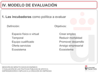 IV. MODELO DE EVALUACIÓN


1. Las incubadoras como política a evaluar

    Definición:                                     Objetivos:

         Espacio físico o virtual                       Crear empleo
         Temporal                                       Reducir mortalidad
         Equipo cualificado                             Promover desarrollo
         Oferta servicios                               Arraigo empresarial
         Ecosistema                                     Ecosistema




MEDICIÓN DE IMPACTO SOCIO-ECONÓMICO
Y EVALUACIÓN DE LAS POLÍTICAS PÚBLICAS DE APOYO A
EMPRENDEDORES E IMPULSO A LA CREACIÓN DE EMPRESAS
 