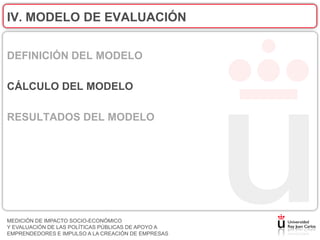 IV. MODELO DE EVALUACIÓN


DEFINICIÓN DEL MODELO

CÁLCULO DEL MODELO

RESULTADOS DEL MODELO




MEDICIÓN DE IMPACTO SOCIO-ECONÓMICO
Y EVALUACIÓN DE LAS POLÍTICAS PÚBLICAS DE APOYO A
EMPRENDEDORES E IMPULSO A LA CREACIÓN DE EMPRESAS
 