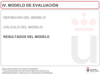 IV. MODELO DE EVALUACIÓN


 DEFINICION DEL MODELO

 CÁLCULO DEL MODELO

 RESULTADOS DEL MODELO




MEDICIÓN DE IMPACTO SOCIO-ECONÓMICO
Y EVALUACIÓN DE LAS POLÍTICAS PÚBLICAS DE APOYO A
EMPRENDEDORES E IMPULSO A LA CREACIÓN DE EMPRESAS
 