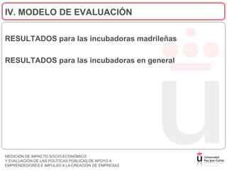 IV. MODELO DE EVALUACIÓN

RESULTADOS para las incubadoras madrileñas

RESULTADOS para las incubadoras en general




MEDICIÓN DE IMPACTO SOCIO-ECONÓMICO
Y EVALUACIÓN DE LAS POLÍTICAS PÚBLICAS DE APOYO A
EMPRENDEDORES E IMPULSO A LA CREACIÓN DE EMPRESAS
 