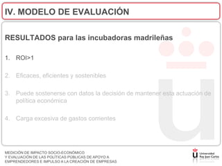 IV. MODELO DE EVALUACIÓN

RESULTADOS para las incubadoras madrileñas

1. ROI>1

2. Eficaces, eficientes y sostenibles

3. Puede sostenerse con datos la decisión de mantener esta actuación de
   política económica

4. Carga excesiva de gastos corrientes




MEDICIÓN DE IMPACTO SOCIO-ECONÓMICO
Y EVALUACIÓN DE LAS POLÍTICAS PÚBLICAS DE APOYO A
EMPRENDEDORES E IMPULSO A LA CREACIÓN DE EMPRESAS
 