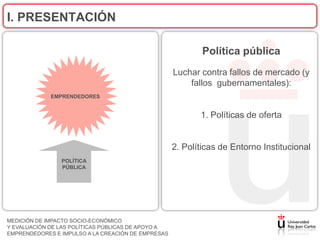 I. PRESENTACIÓN

                                                            Política pública
                                                    Luchar contra fallos de mercado (y
                                                        fallos gubernamentales):
             EMPRENDEDORES


                                                           1. Políticas de oferta


                                                    2. Políticas de Entorno Institucional
                POLÍTICA
                PÚBLICA




MEDICIÓN DE IMPACTO SOCIO-ECONÓMICO
Y EVALUACIÓN DE LAS POLÍTICAS PÚBLICAS DE APOYO A
EMPRENDEDORES E IMPULSO A LA CREACIÓN DE EMPRESAS
 