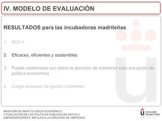 IV. MODELO DE EVALUACIÓN

RESULTADOS para las incubadoras madrileñas

1. ROI>1

2. Eficaces, eficientes y sostenibles

3. Puede sostenerse con datos la decisión de mantener esta actuación de
   política económica

4. Carga excesiva de gastos corrientes




MEDICIÓN DE IMPACTO SOCIO-ECONÓMICO
Y EVALUACIÓN DE LAS POLÍTICAS PÚBLICAS DE APOYO A
EMPRENDEDORES E IMPULSO A LA CREACIÓN DE EMPRESAS
 