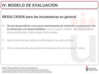 IV. MODELO DE EVALUACIÓN

RESULTADOS para las incubadoras en general

1. Se ha desarrollado una nueva herramienta de medición y evaluación (de
   la eficiencia y la sostenibilidad) con un nuevo método de cálculo de los
   ingresos fiscales como output del modelo

2. Se ha demostrado efecto multiplicador de esta política

3. Se ha descubierto el periodo de madurez de los viveros: 7 años




MEDICIÓN DE IMPACTO SOCIO-ECONÓMICO
Y EVALUACIÓN DE LAS POLÍTICAS PÚBLICAS DE APOYO A
EMPRENDEDORES E IMPULSO A LA CREACIÓN DE EMPRESAS
 